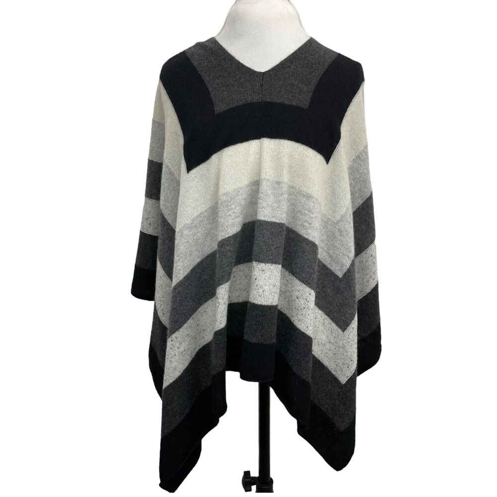 Claudia Nichole Alashan Cashmere Poncho Topper Gray Black Stripe